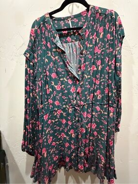 Free People Teal Green Tunic Dress with Pink Floral Print